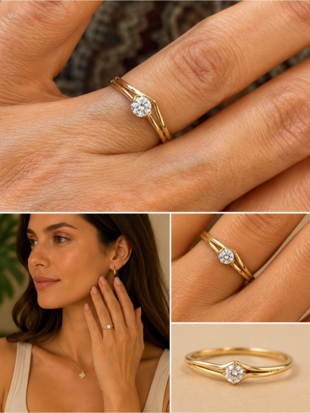 New Dainty 2pc set 14k yellow Gold Engagement ring and Wedding Band size 7